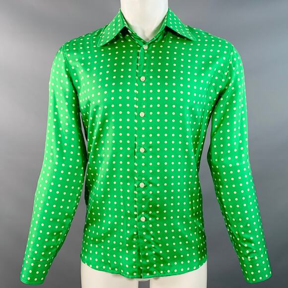WALTER VAN BEIRENDONCK SS20 S Green Cream Polka Dot Silk Twill Long Sleeve Shirt - Picture 1 of 8